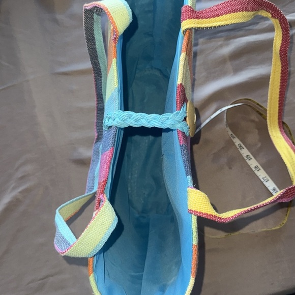 Colorful Rainbow Candy Stripe Bucket Tote Bag Woven Cotton Wood Button Accent - Picture 8 of 11